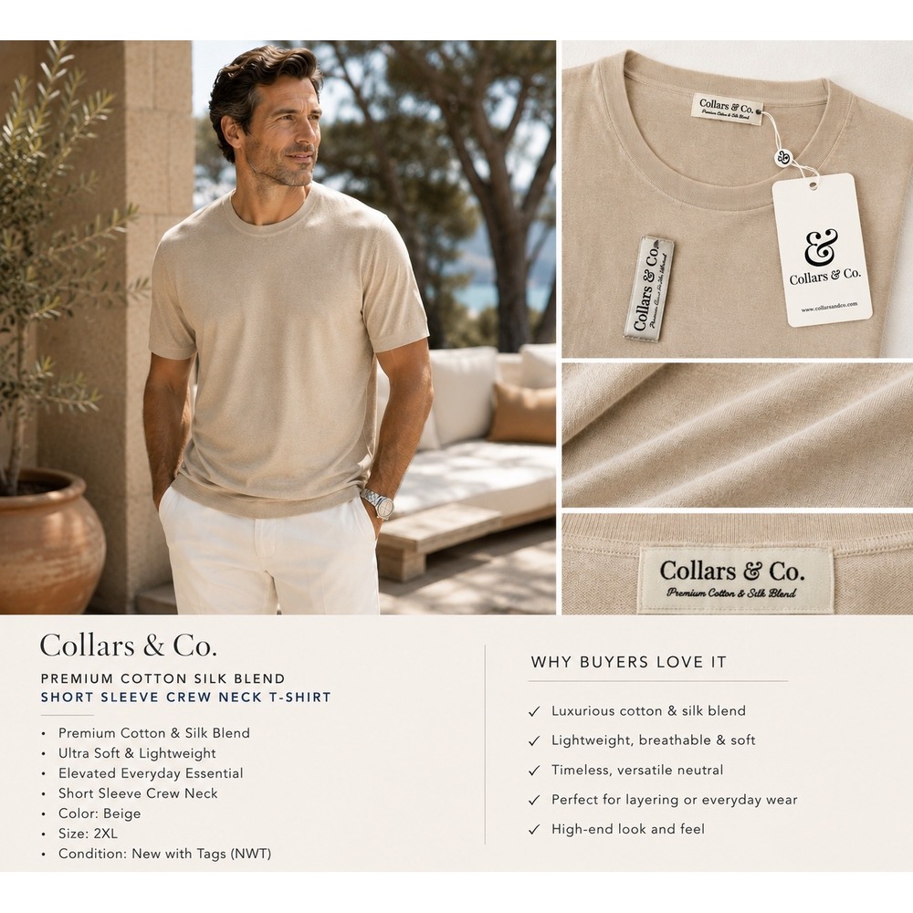 NWT Collars & Co Mens Beige Cotton Silk Blend Short Sleeve Crew Neck T-Shirt 2XL